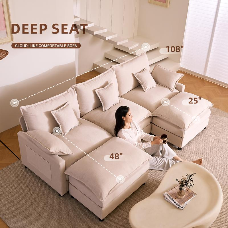 Overhead view of the deep seat with dimensions labelled: 108in wide, 48in ottoman depth, 25in ottoman width